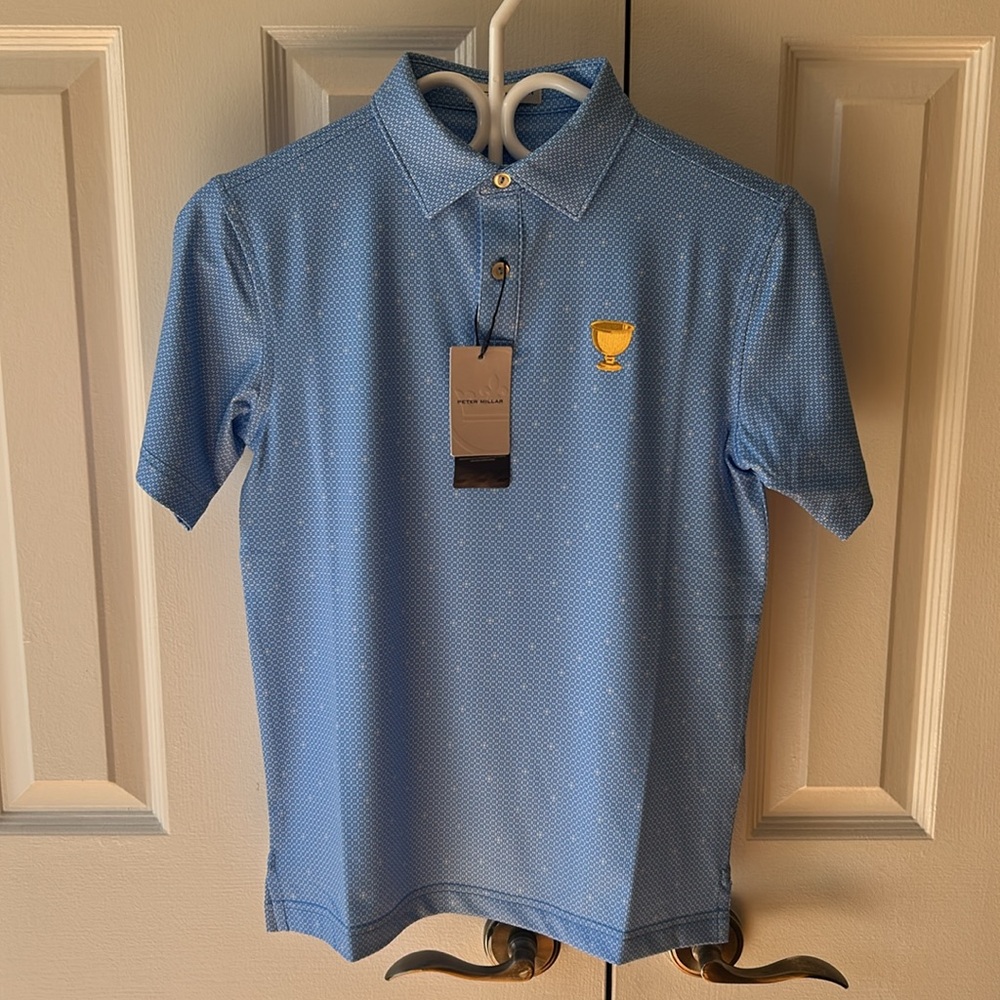 Peter Millar Light Blue Polo with Yellow Trophy Patch